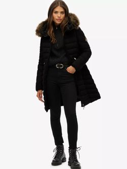 Chaqueta 3/4 alcochada con capucha con pelo Superdry Black