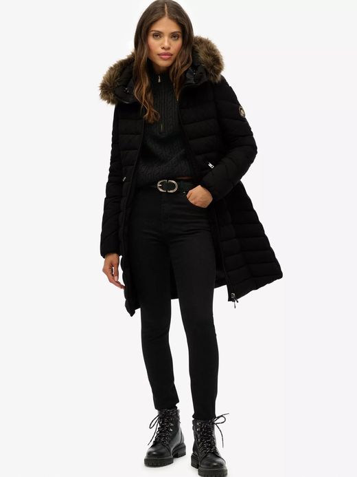 Chaqueta 3/4 alcochada con capucha con pelo Superdry Black