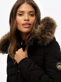 Chaqueta 3/4 alcochada con capucha con pelo Superdry Black