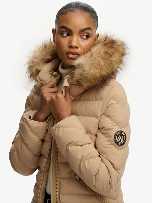 Chaqueta alcochada con capucha con pelo Superdry Beige