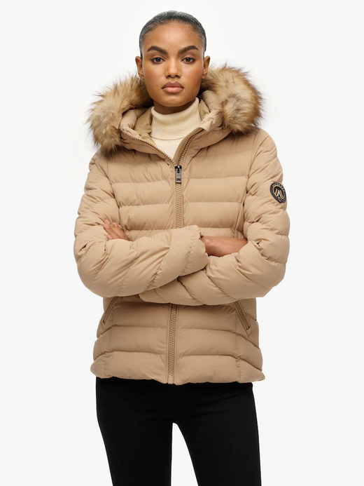 Chaqueta alcochada con capucha con pelo Superdry Beige