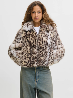 Chaqueta corta de pelo con estampado animal Jjxx Bone White