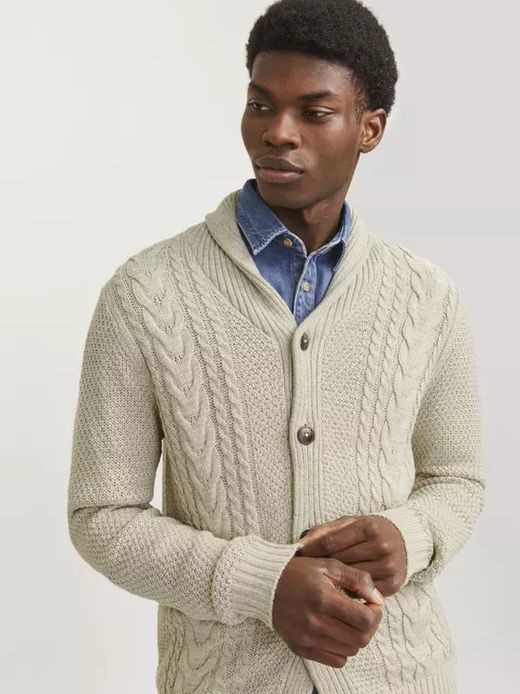 Chaqueta de punto con botones y trenzas Jack & Jones White Melange