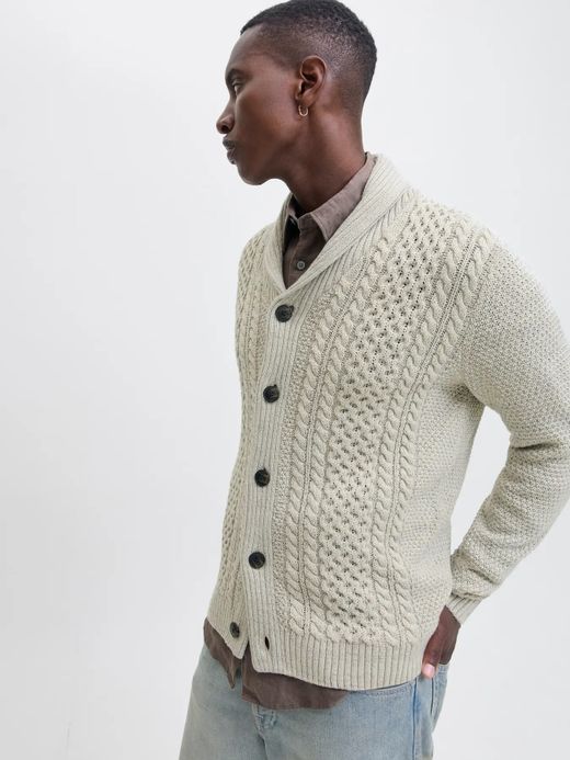 Chaqueta de punto con botones y trenzas Jack & Jones White Melange