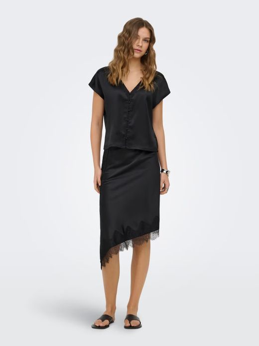 Falda midi de raso asimétrica y con puntillas Only Black