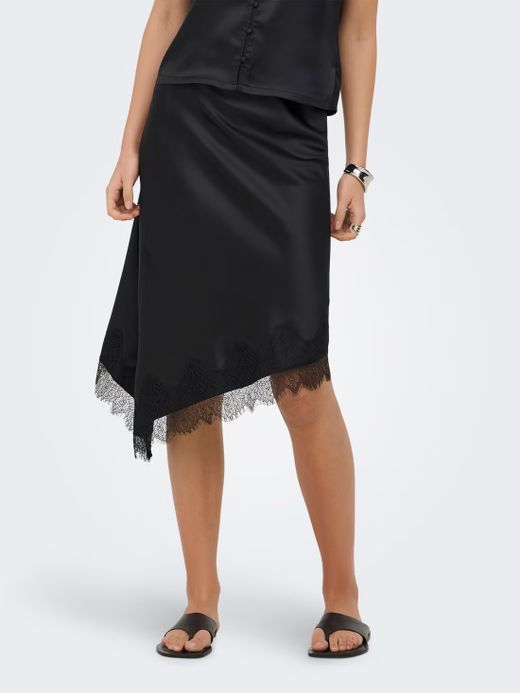 Falda midi de raso asimétrica y con puntillas Only Black