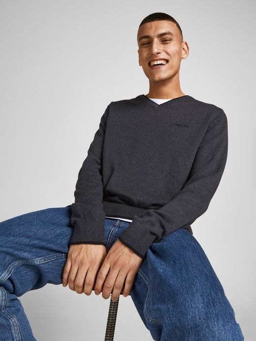 Jersey básico cuello pico Jack & Jones Dark Grey