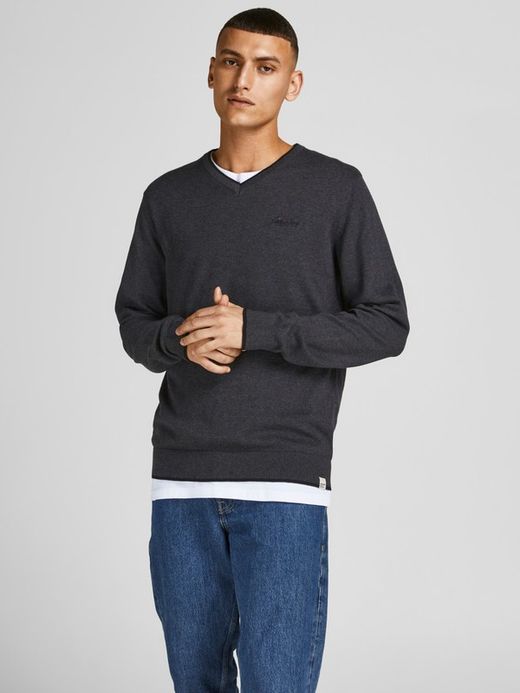 Jersey básico cuello pico Jack & Jones Dark Grey