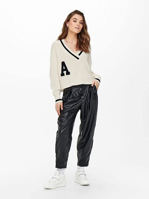 Jersey cuello pico oversize ribetes Only Cloud Dancer