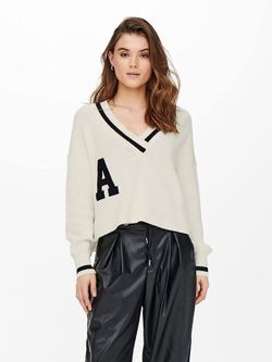 Jersey cuello pico oversize ribetes Only Cloud Dancer