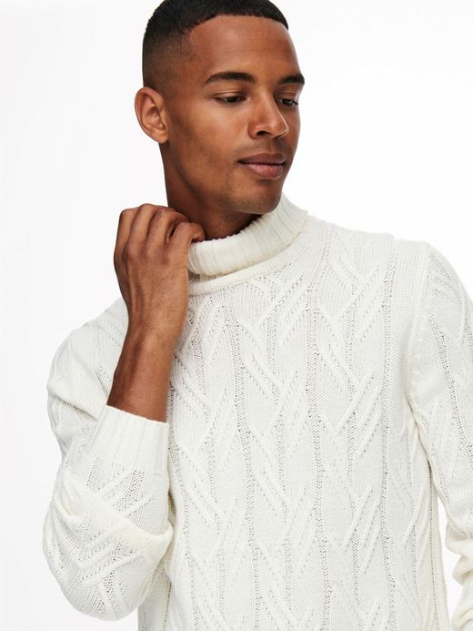 Jersey de cuello alto trenzado Only & Sons Off White