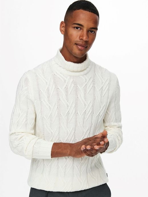 Jersey de cuello alto trenzado Only & Sons Off White
