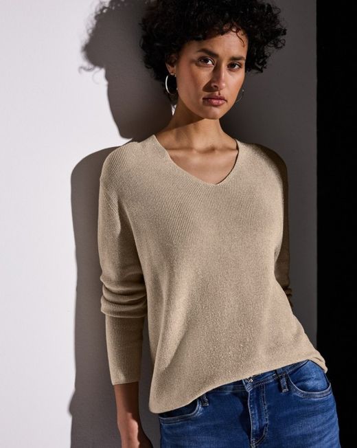 Jersey de cuello pico lurex Street One Beige