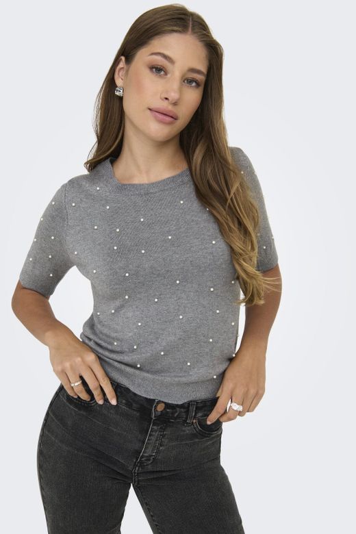 Jersey de cuello redondo perlas Only Light Grey Mela