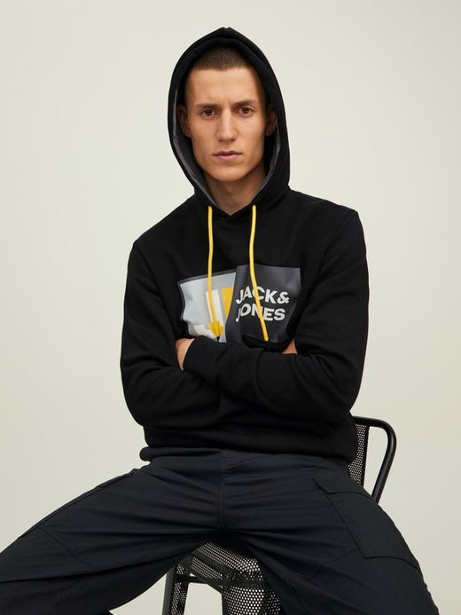 Sudadera con capucha y serigrafía branding Jack & Jones Black