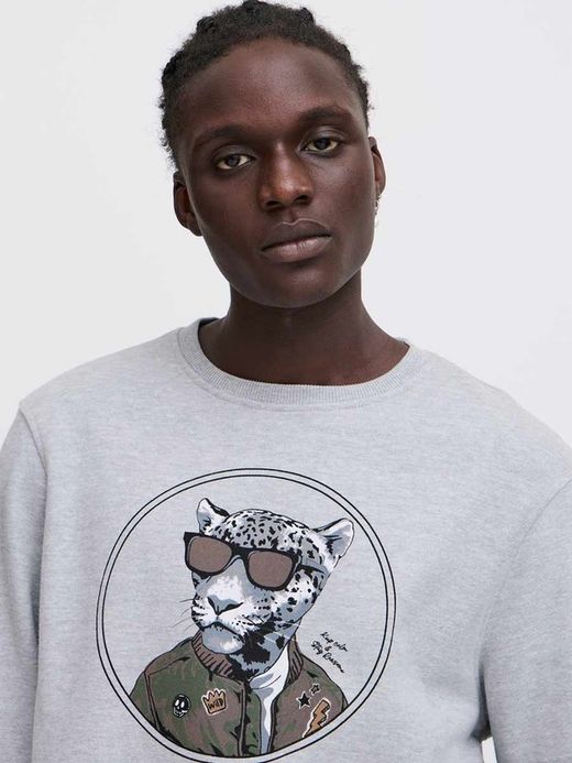Sudadera de cuello redondo con print retrato leopardo Blend Of America Stone Mix