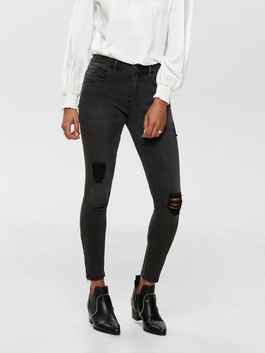 Tejano 5 bolsillos elástico negro tobillero con efecto desgastado Only Black