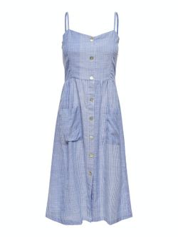 Buttoned Strappy Dress with Stripes Only Medium Blue