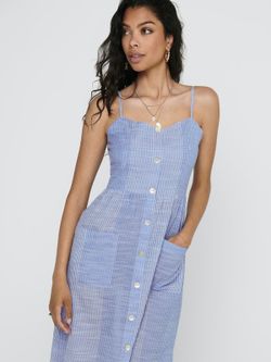 Buttoned Strappy Dress with Stripes Only Medium Blue